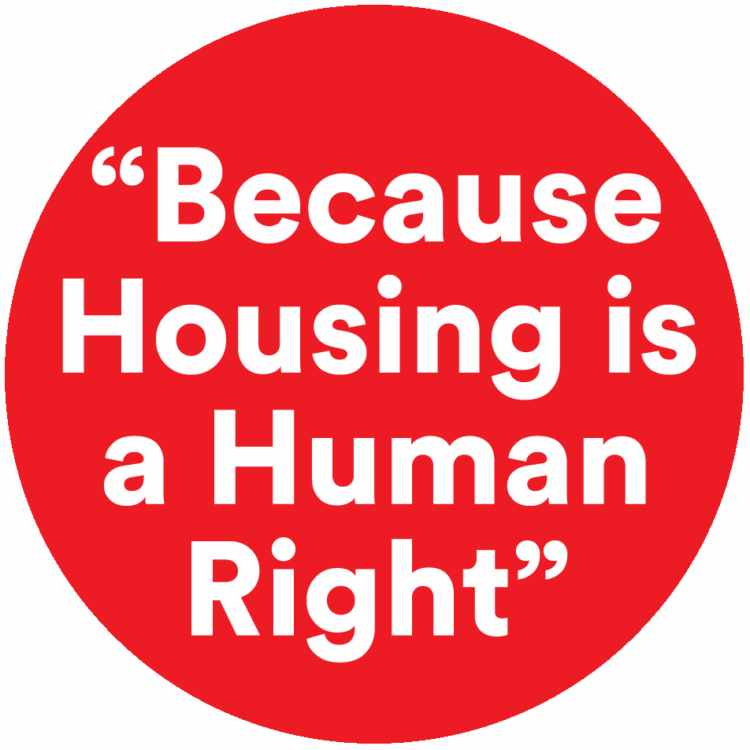 Pin button reading "Housing is a Human Right"